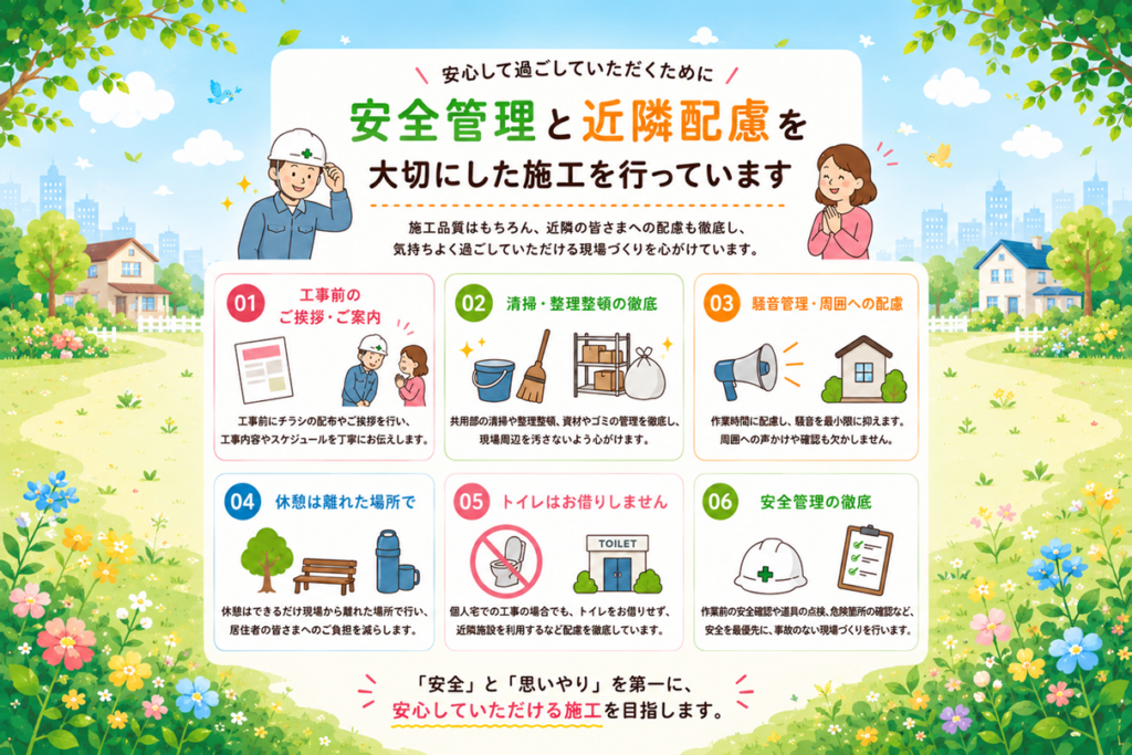 安全管理と近隣配慮を大切にした施工を行っています