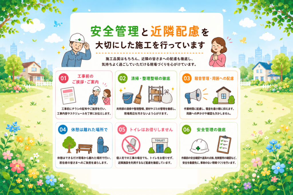 安全管理と近隣配慮を大切にした施工を行っています