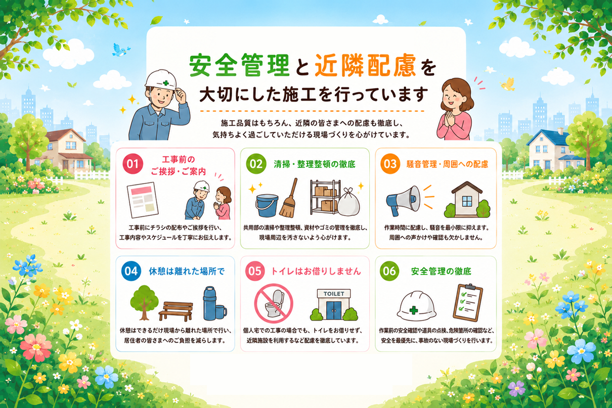 安全管理と近隣配慮を大切にした施工を行っています